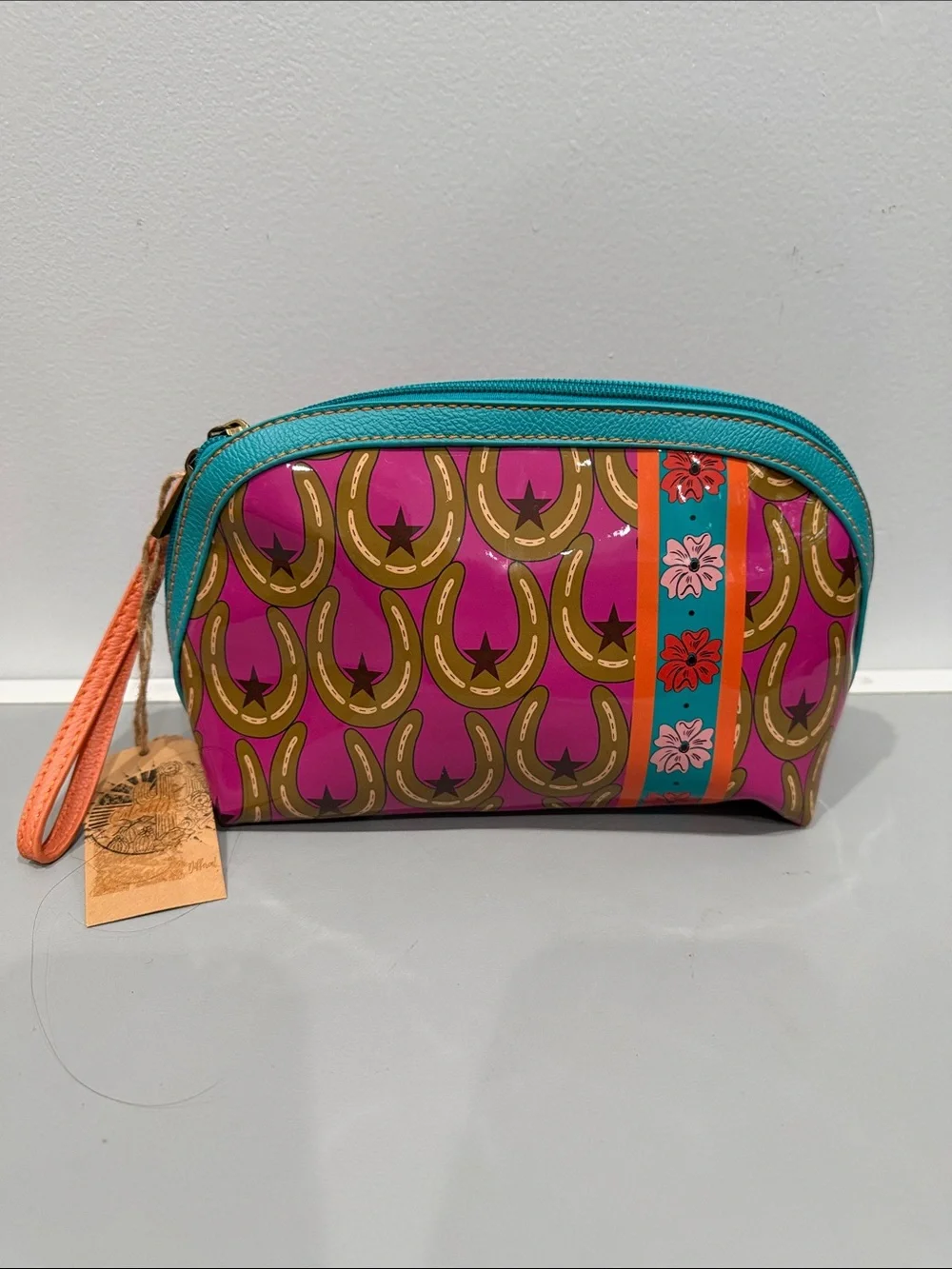Horseshoe Flower Print Cosmetic Wristlet Travel Bag Catchfly Equestrian Horse